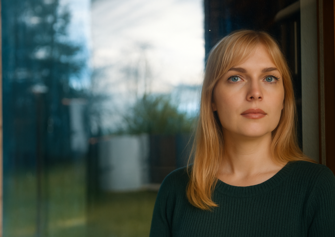 Eine Frau mit blonden Haaren und einem grünen Pullover steht drinnen und blickt nachdenklich aus einem Fenster, hinter dem der Außenbereich unscharf zu sehen ist.