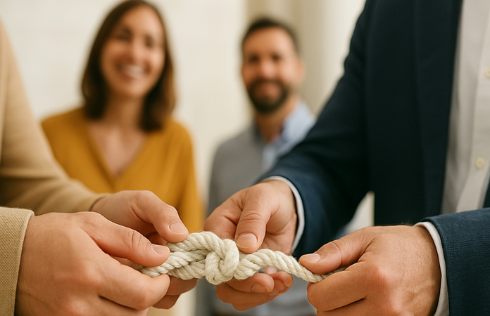 Zwei Personen halten ein Seil mit einem Knoten und 2 Personen stehen im Hintergrund