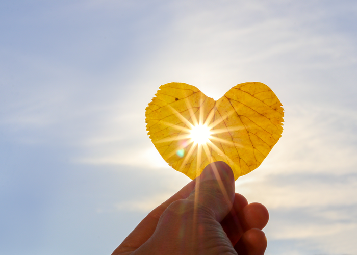 Eine Hand hält ein herzförmiges gelbes Blatt vor einen strahlend blauen Himmel, durch dessen Mitte Sonnenlicht scheint.