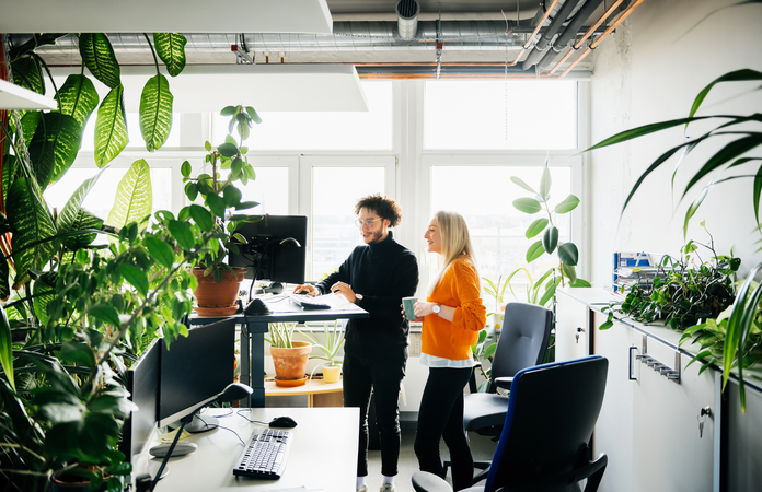 Zwei Personen arbeiten in einem modernen Büro voller Pflanzen, eine steht an einem Stehpult.